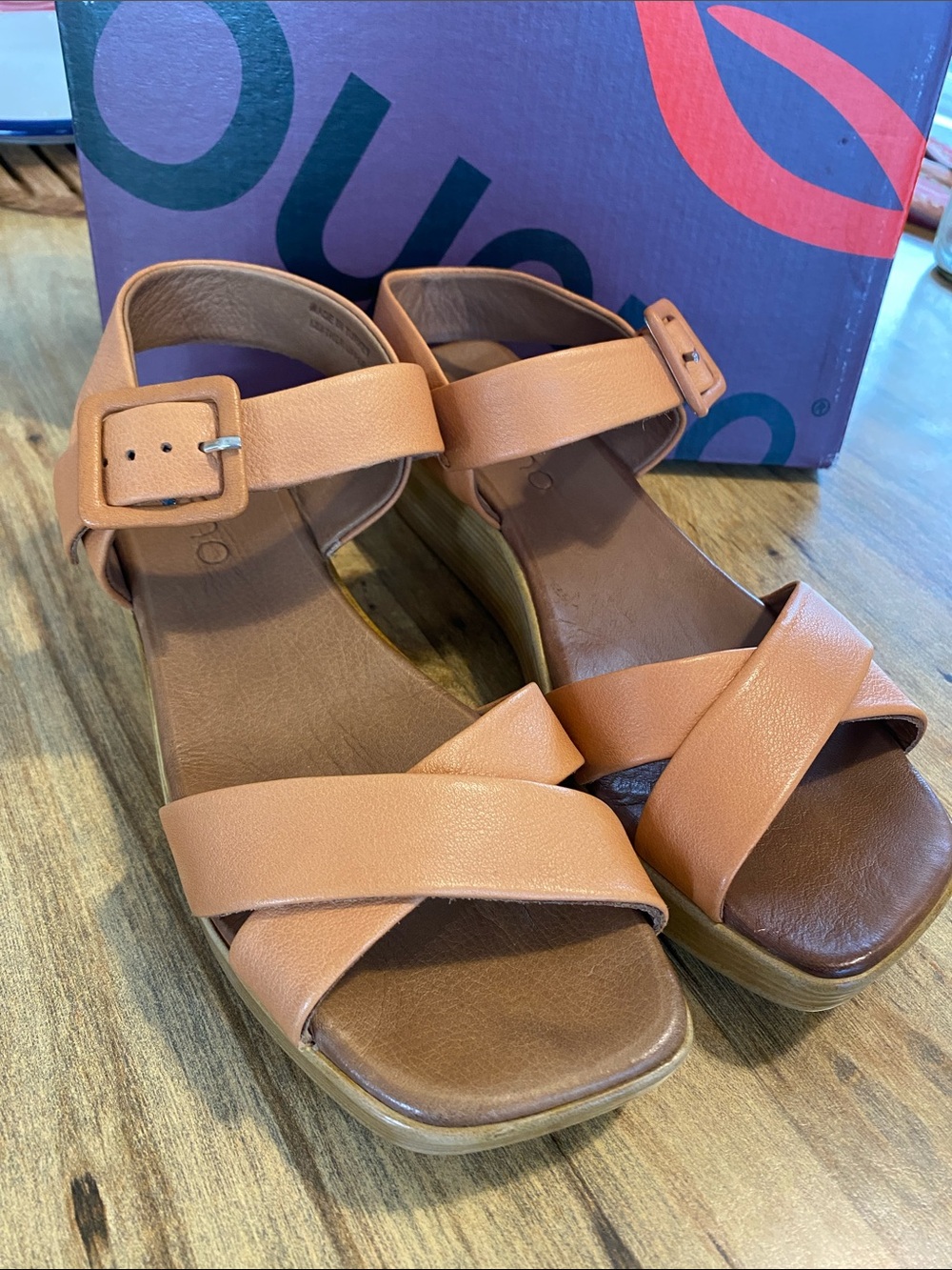 Bueno Manny- Tan Leather Wedge Sandals with Ankle Strap NIB
